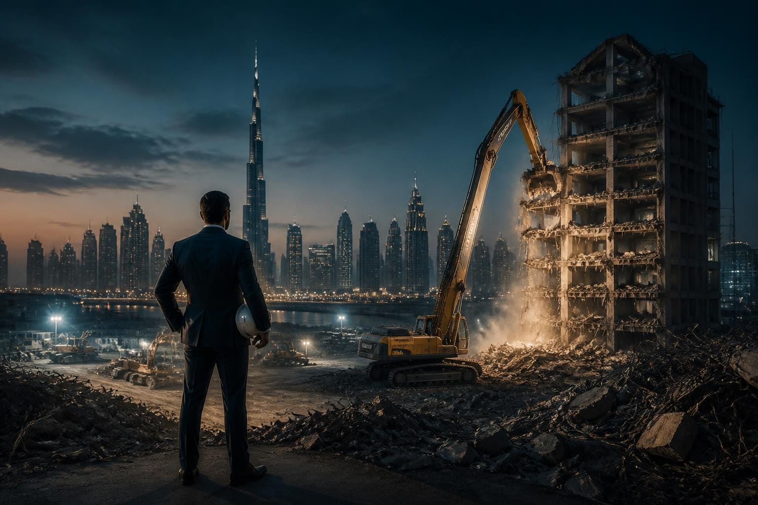 USF Demolition Works LLC leadership overlooking an active demolition site against the Dubai skyline