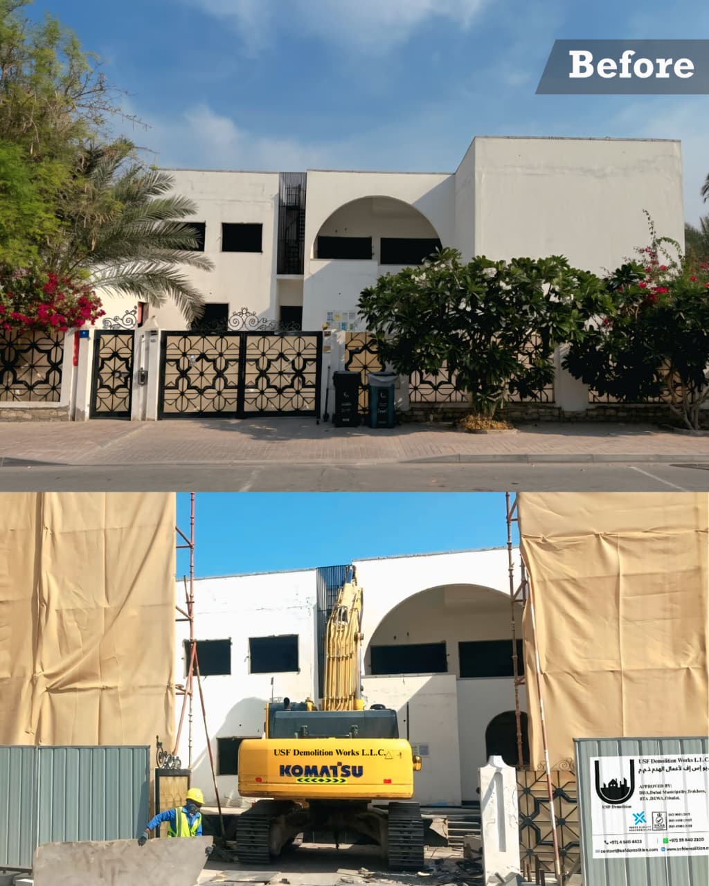 Aku Villa before demolition with Komatsu excavator on site