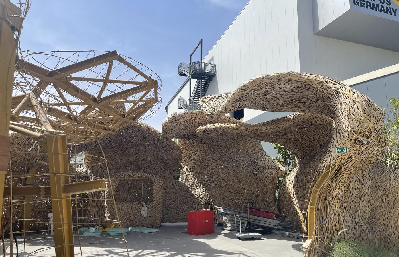 ICD Pavilion bamboo structure with exposed steel framework during demolition