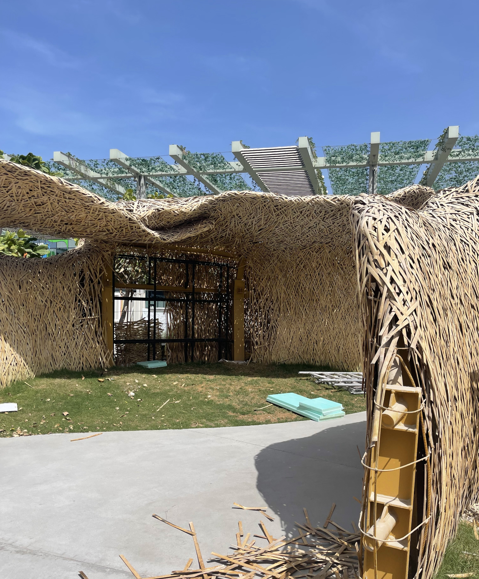 ICD Pavilion interior with bamboo woven walls and pergola