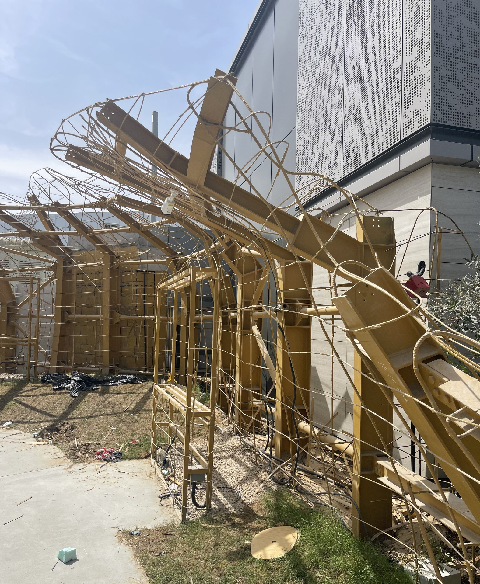 Exposed steel skeleton after bamboo cladding removal at ICD Pavilion