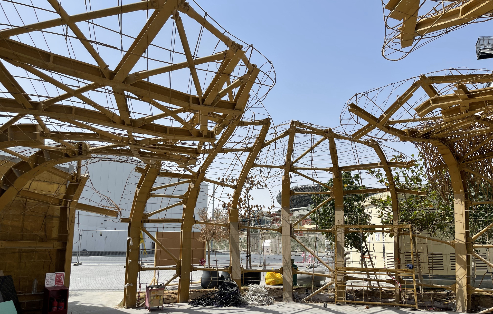 ICD Pavilion steel structure with Al Wasl dome in background