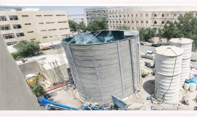 Aerial view of sewerage treatment storage tanks at Jebel Ali camp scheduled for structural demolition