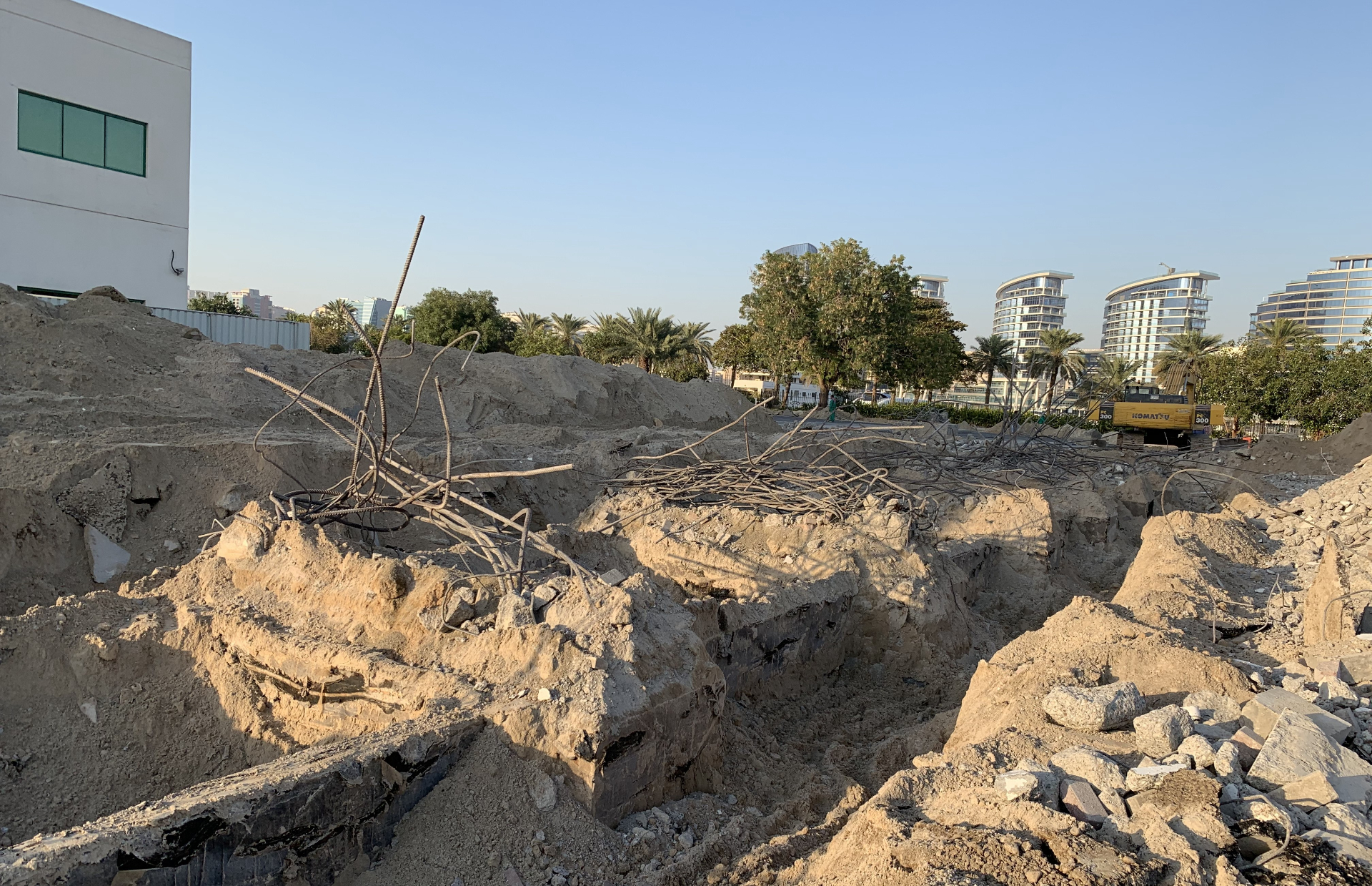 Foundation excavation with exposed reinforcement steel
