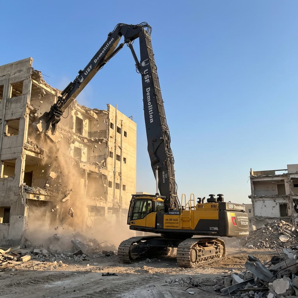Volvo EC750DL Long Boom Demolition Excavator available for rental from USF Demolition UAE