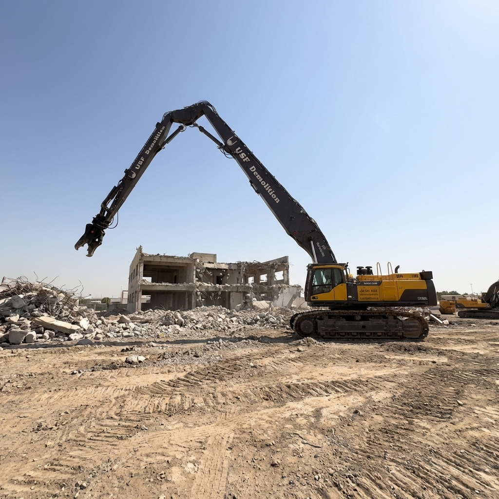 Volvo EC750DL long reach excavator on demolition site