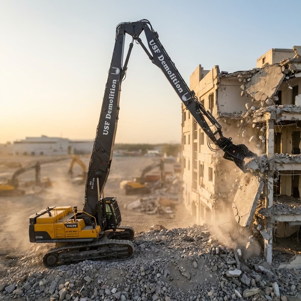 USF Demolition Volvo EC750DL at sunset demolition project