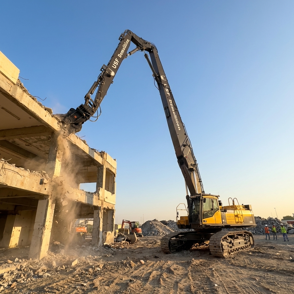 Volvo EC750DL demolition excavator with workers on site