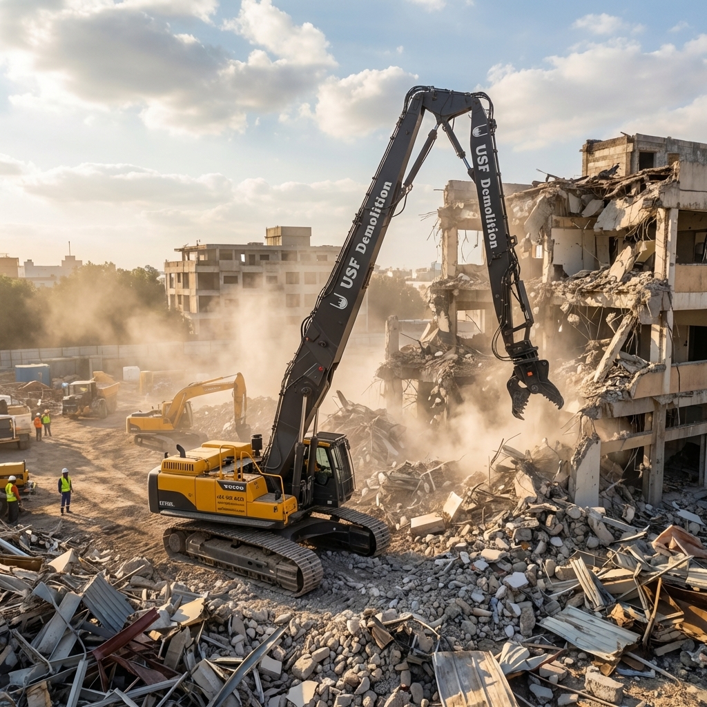 Volvo EC750DL demolition excavator multi-story building demolition