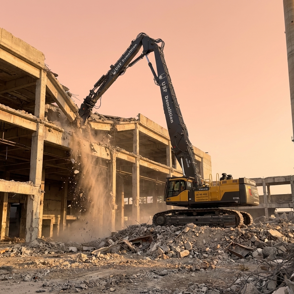 Volvo EC750DL demolition crusher attachment in action