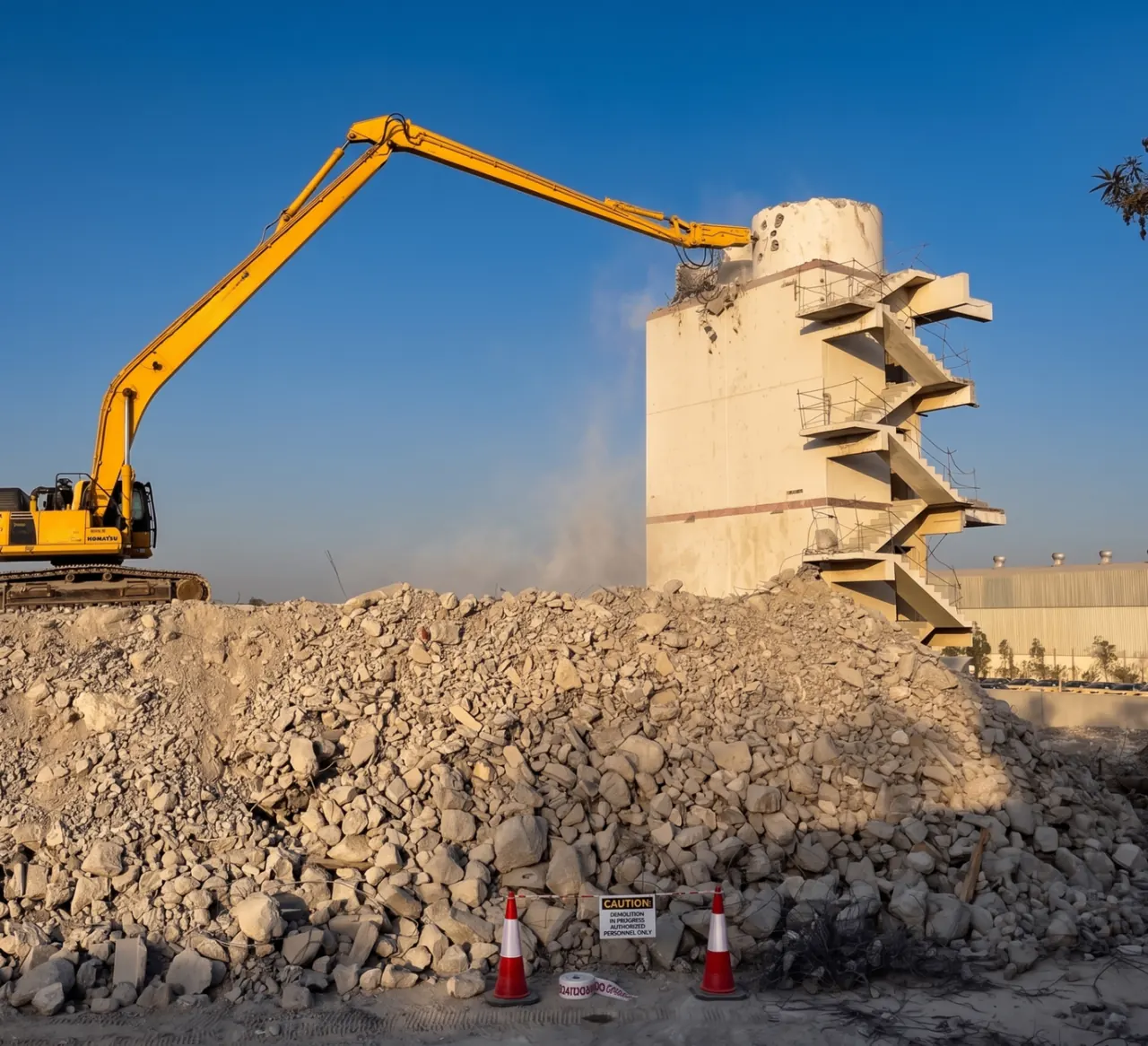 High-reach demolition excavator executing a precision concrete structure removal