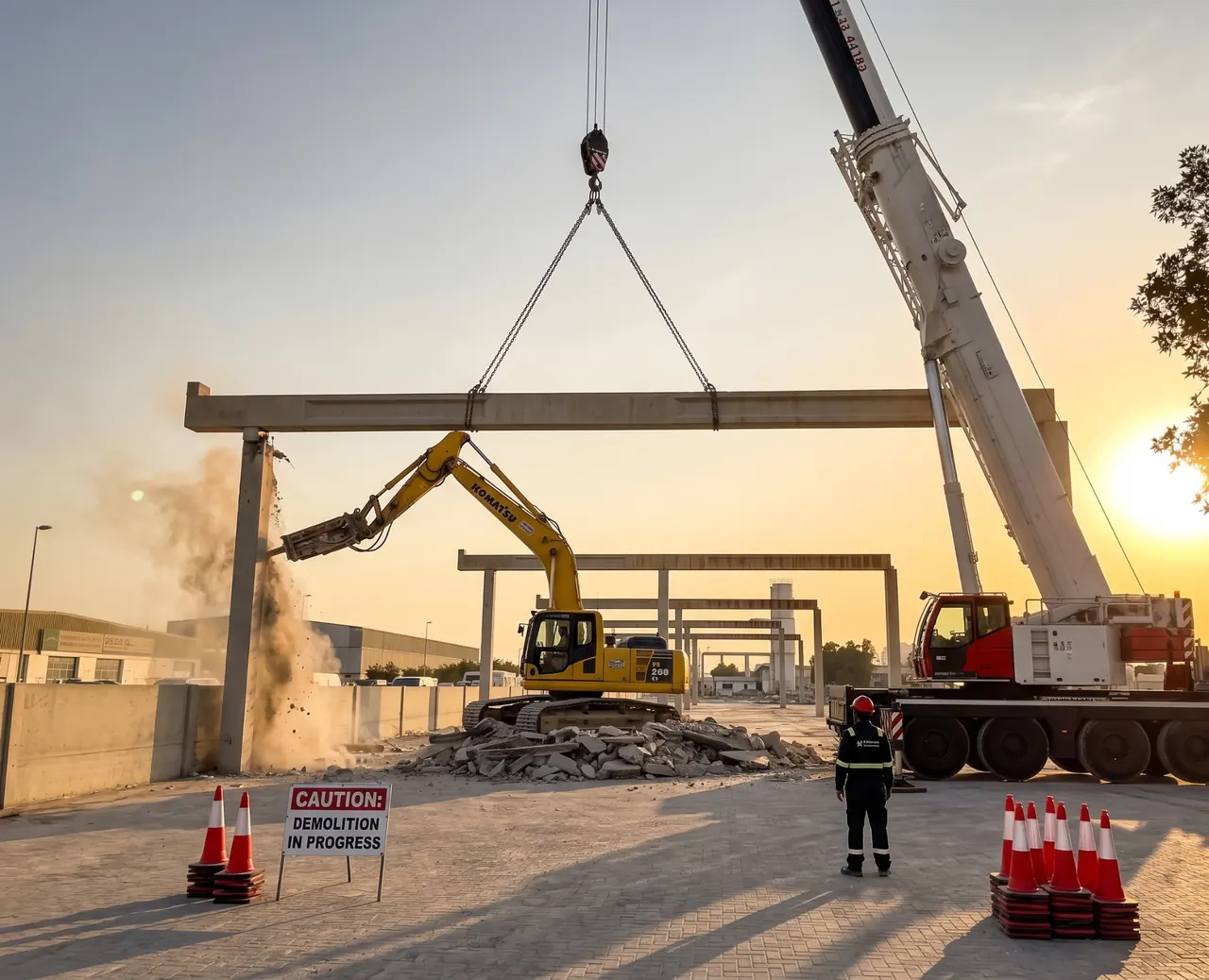 USF controlled demolition with crane support and excavator operations at sunset