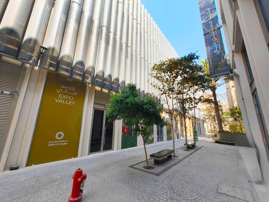 Expo Valley building with metallic facade panels at Expo City Dubai