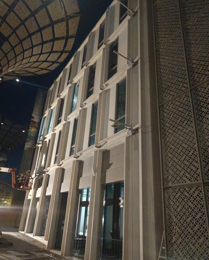 Women's Pavilion and SON buildings after complete facade cladding removal at Expo City Dubai