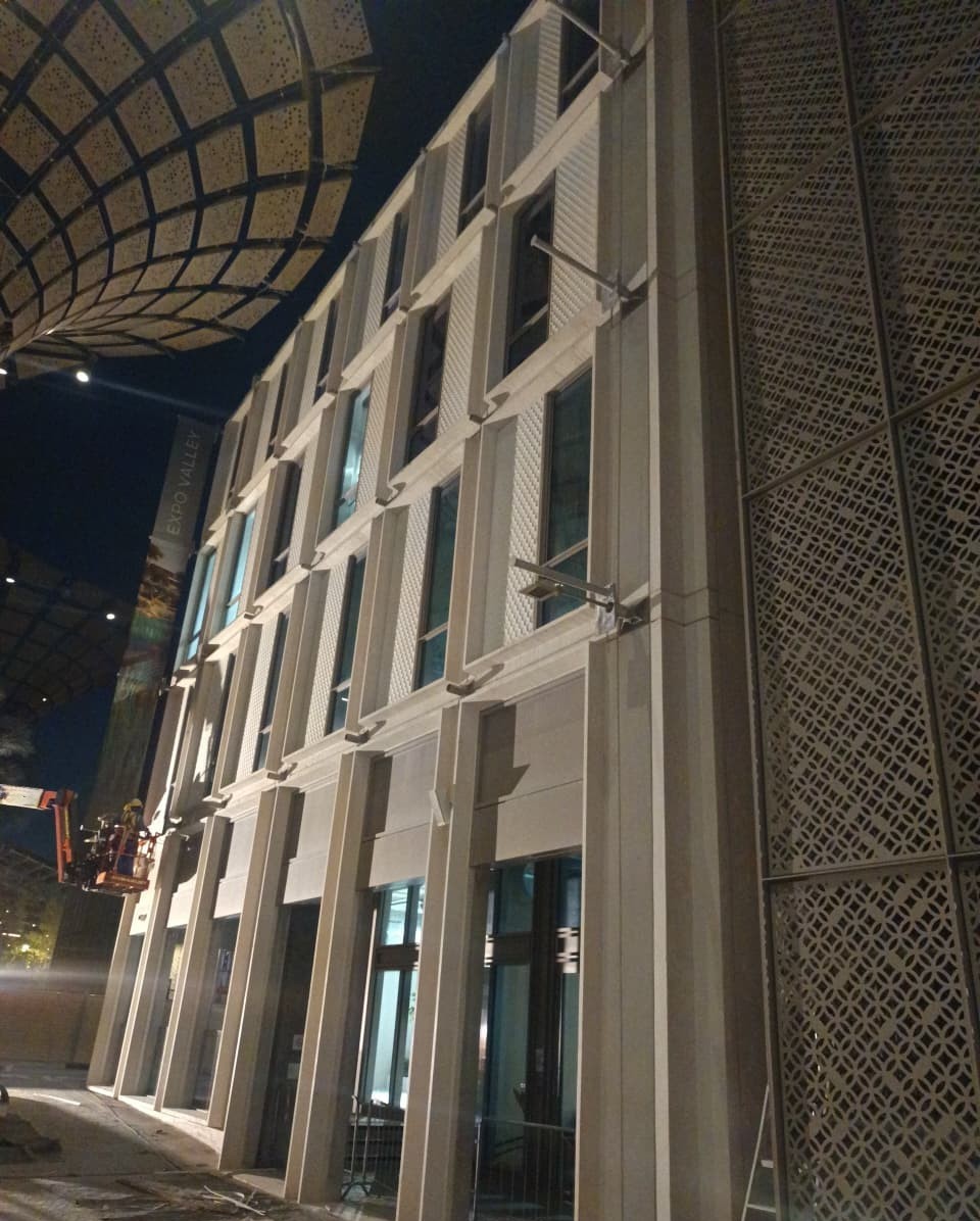 Women's Pavilion and SON buildings after complete facade cladding removal at Expo City Dubai