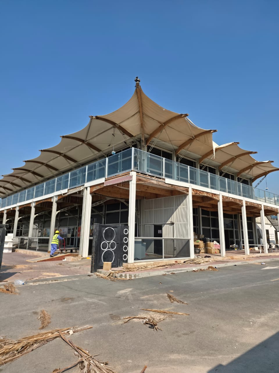 Zero Gravity main building with tensile canopy structure during demolition