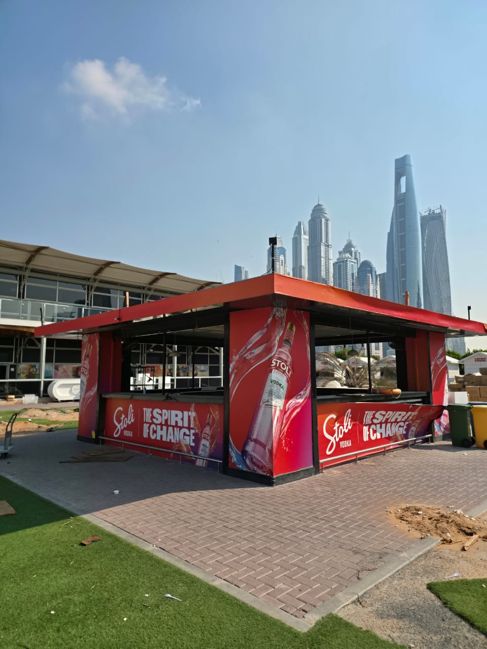 Zero Gravity kiosk structure with Dubai Marina skyline